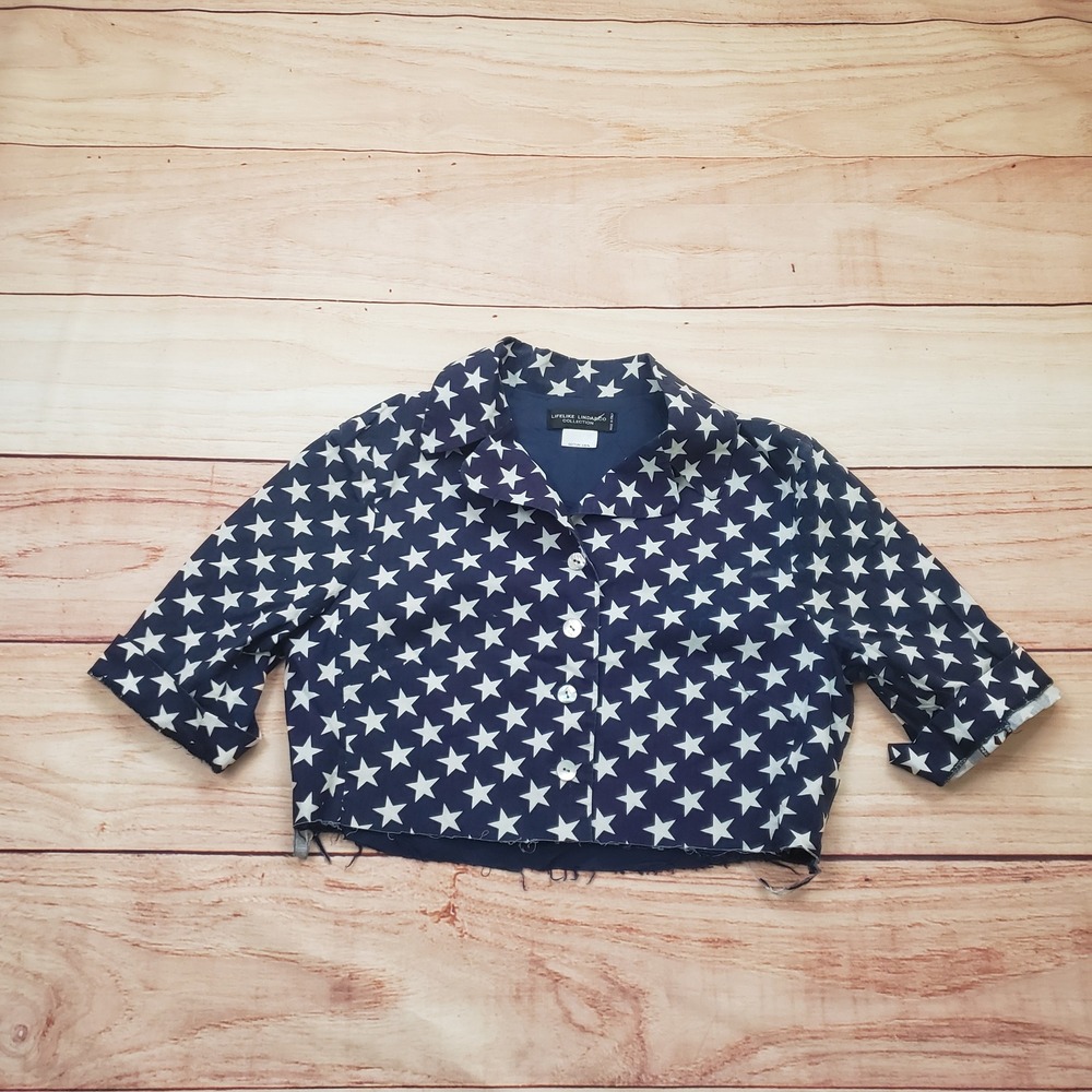 VINTAGE Lifelike Lindarico Womens M‎ Blue Star Cropped 4th July Button Up Italy